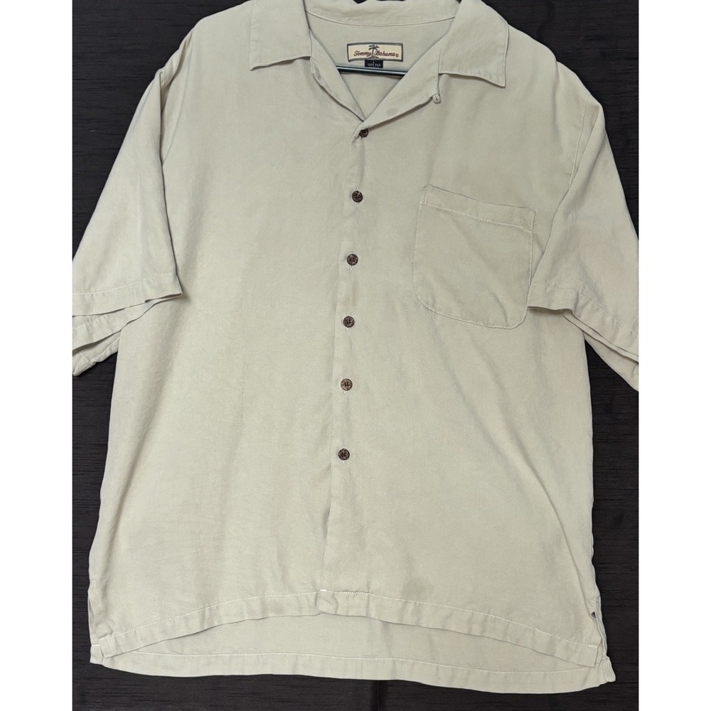 Tommy Bahama Mens Embroidered Silk Camp Shirt Tan Mens Large